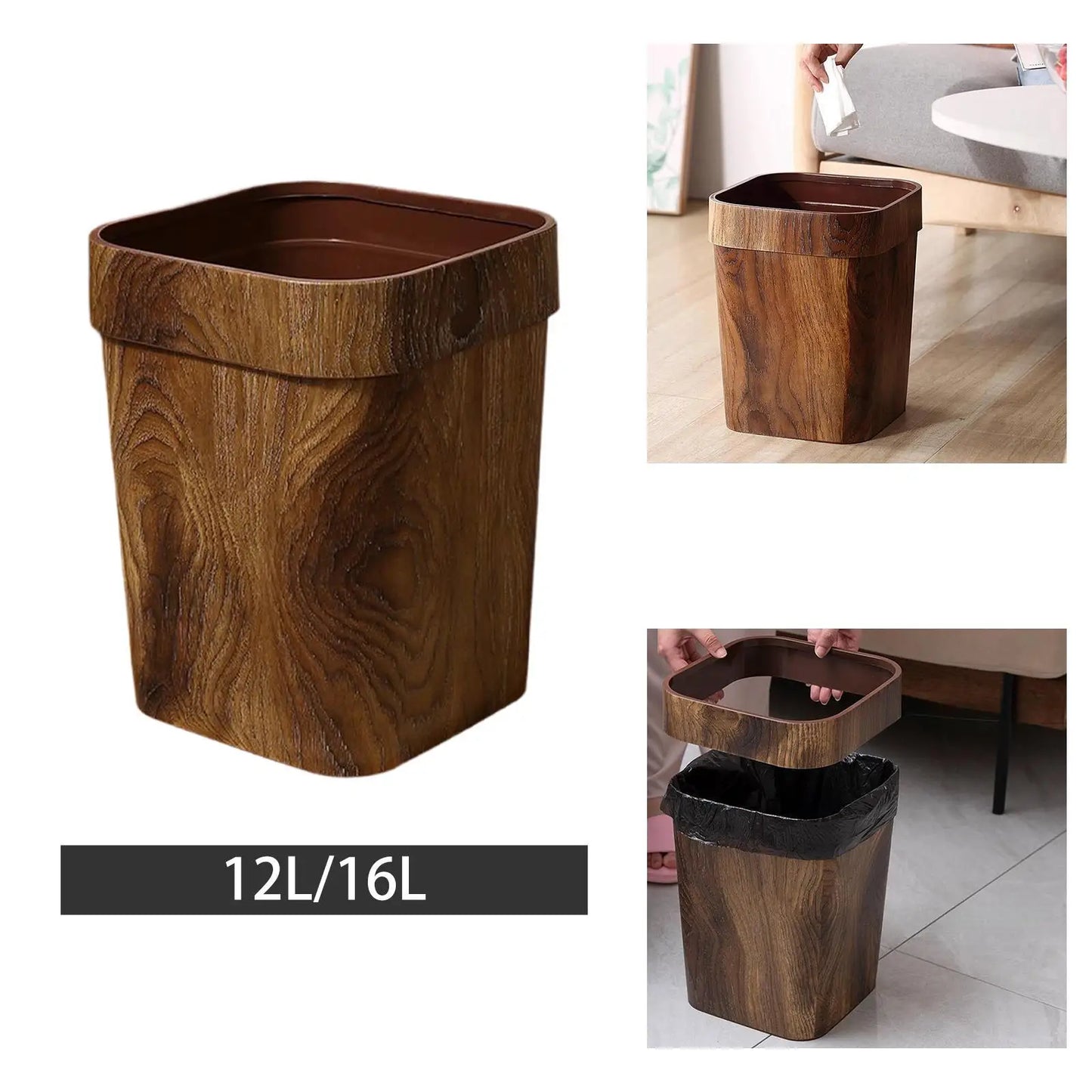 Imitation Wood Grain Trash Can Reusable Modern Rectangle Garbage Container Bin for Household Living Room Office Bathroom Kitchen