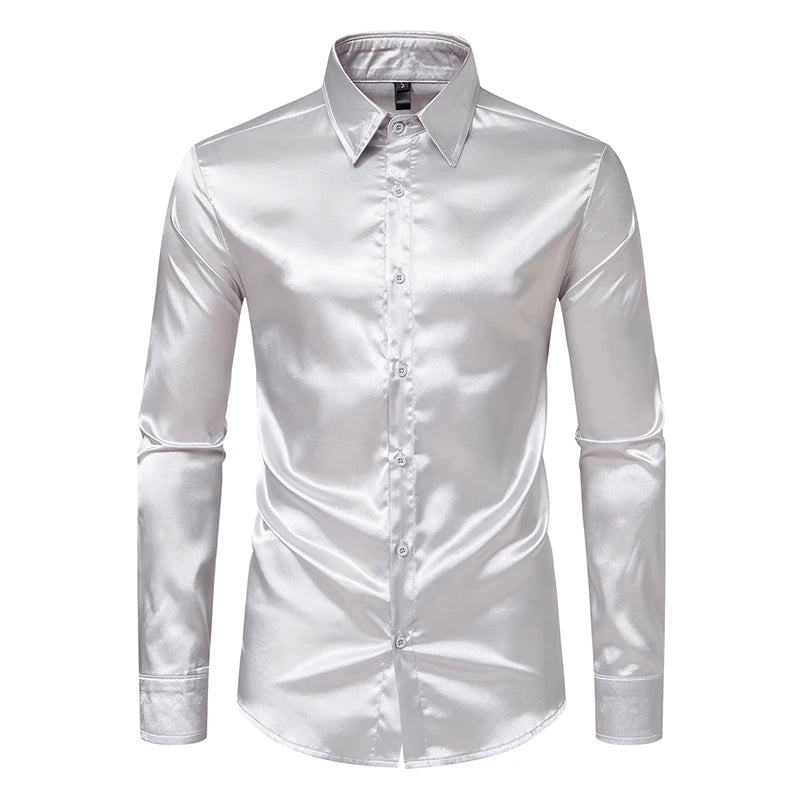 Blackout Luxe: Men’s High Gloss Satin Tuxedo Shirt – Dominate the Room, One Button at a Time - Premium shirt from dsers - Just $27.99! Shop now at Lizard Vigilante