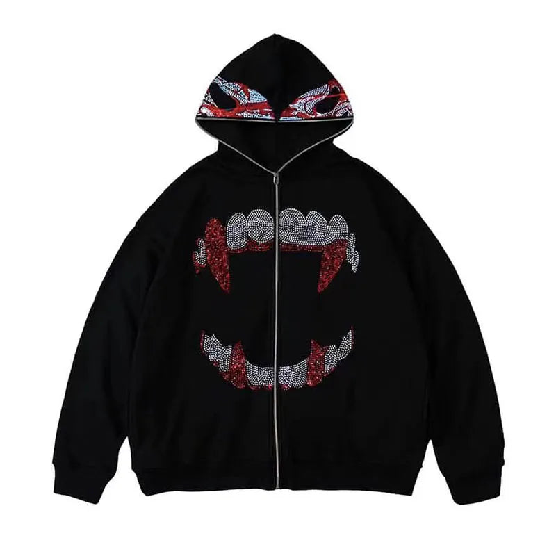 Autumn Fashion Punk Y2k Gothic Grunge Rhinestones Teeth Zip Up Hoodies Long Sleeve Coat Sweatshirt Jacket Streetwear - Premium sweatshirt from Lizard Vigilante - Just $29.99! Shop now at Lizard Vigilante