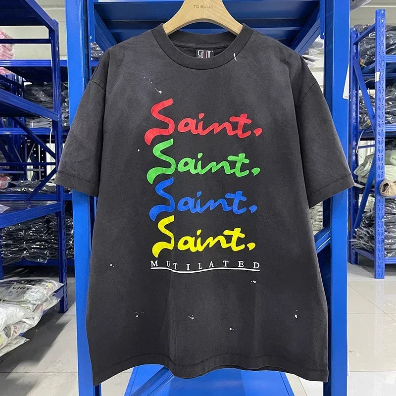 Men Women High Street Vintage Washed Black T-Shirt Top Quality Cototn TEE 3D Cracked Letters Logo Print Saint T Shirt With Tags - Premium  from Lizard Vigilante - Just $64.99! Shop now at Lizard Vigilante