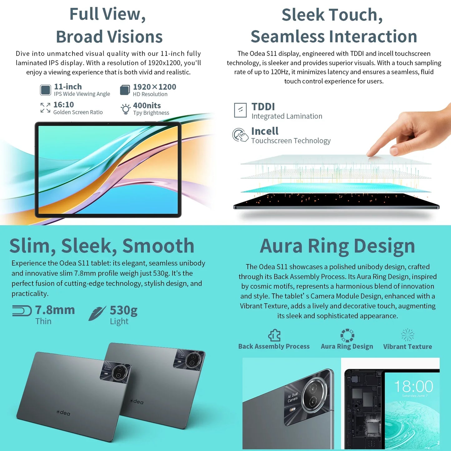 Odea S11, 11 Inch Tddi, 8000Mah, Android 14 Tablet, (6Gb+10Gb Expansion) 16Gb Ram, 256Gb Rom, 1920X1200 Ips, Unisoc T606, 8 Cores, Mali-G57, 4g Lte, Wifi, Gps, Sim Slots*2+Tf*1, Widevine L1 for Netflix