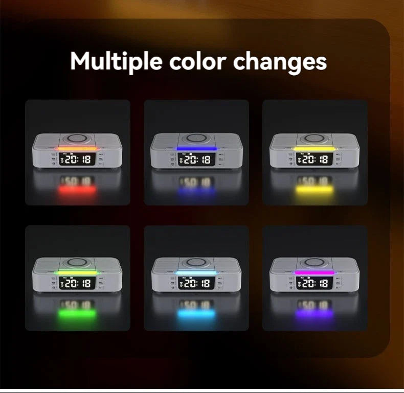 Portable Bluetooth Speaker with Wireless Charging Atmosphere Light Clock Alarm Function Double Speaker USB Charging