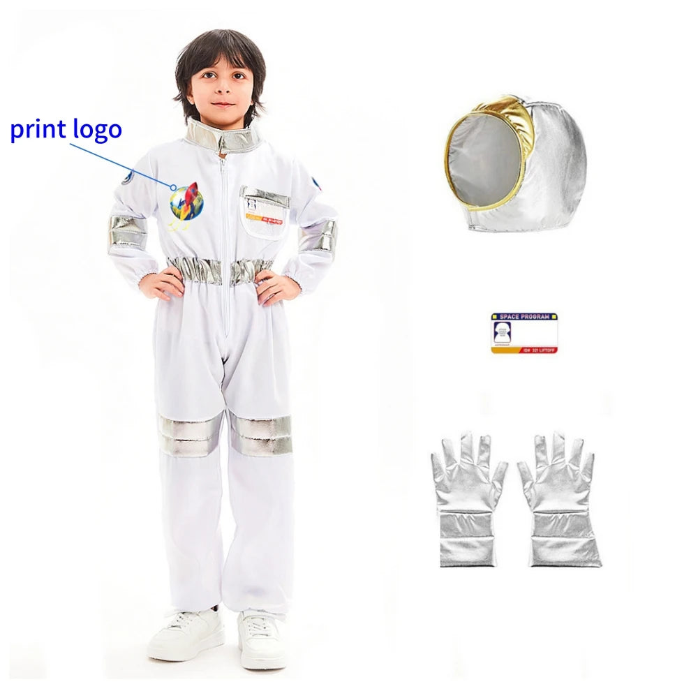 Kids Astronaut Cosplay Jumpsuit Space Party Costume With Gloves White Spaceman Outfit