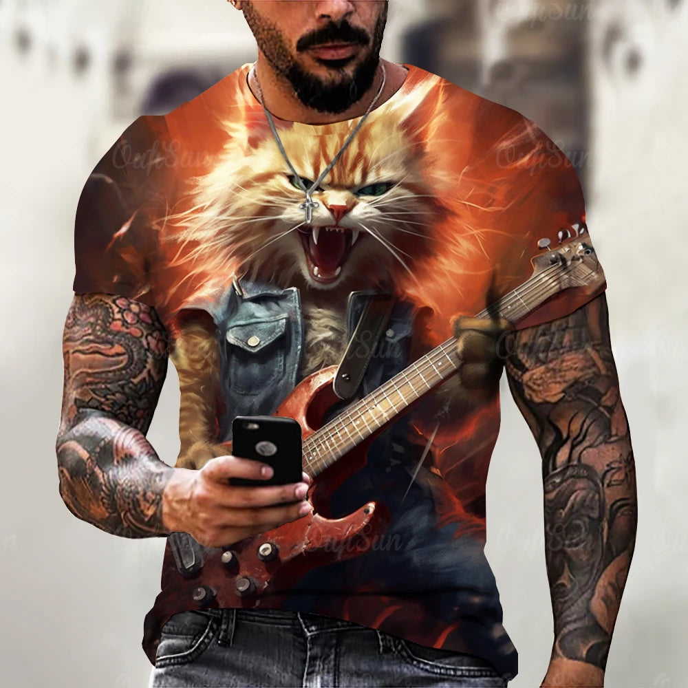 Funny T Shirt For Men Summer Short Sleeve Animal T-Shirts Rock Metal Cat 3d Print Fashion Casual Street Oversized Men's Clothing - Premium T-Shirt from Lizard Vigilante - Just $22.99! Shop now at Lizard Vigilante