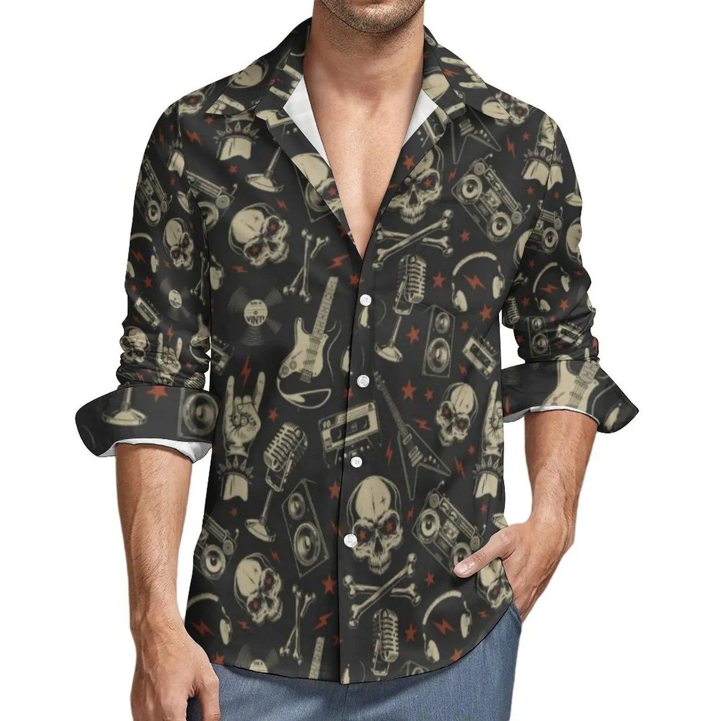 Metal Music Skull Shirt Men Rock Grunge Punk Casual Shirts Autumn Blouses Long Sleeve Cool Oversize Tops Birthday Gift - Premium Long-sleeve shirt from Lizard Vigilante - Just $37.99! Shop now at Lizard Vigilante