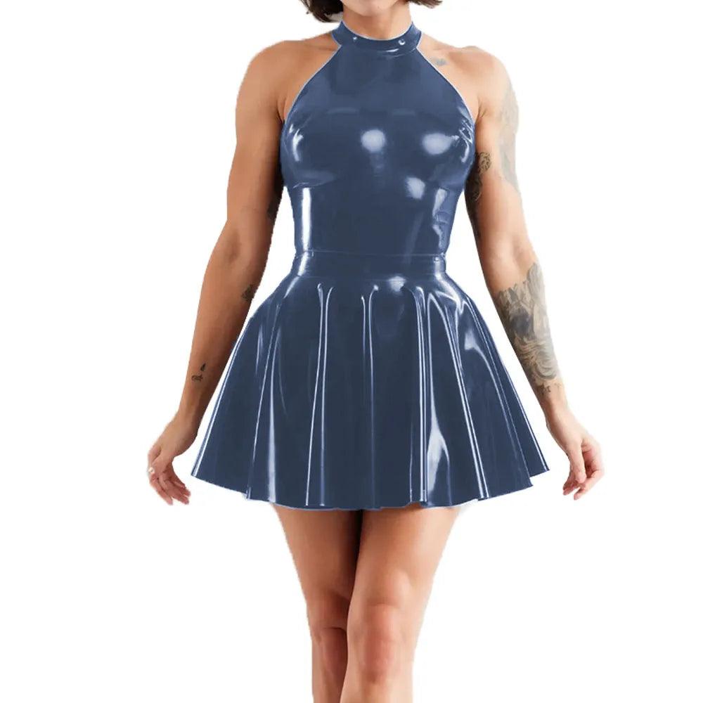 Shiny Sleeveless A-Line Pleated Mini Dress Halter Neck Skater Wet PVC Leather Swing Skirt Dress Latex-look Clubwear - Lizard Vigilante