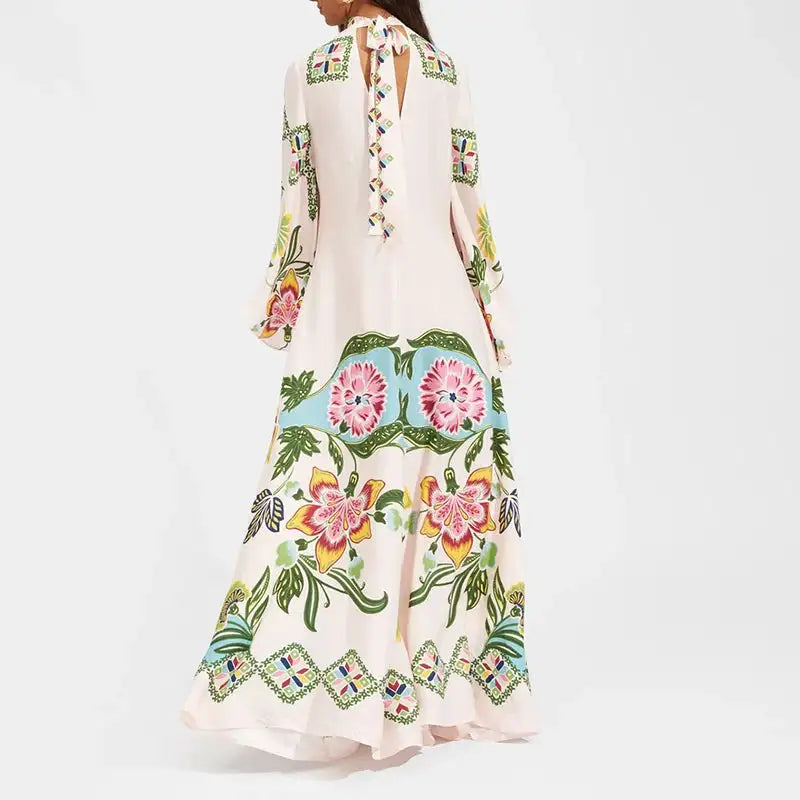 Ethnic Retro Spring Print Boho Long Dress Women Sexy Stand Collar Lace-up Party Dress Fall Long Sleeve Loose Ladies Maxi Dresses