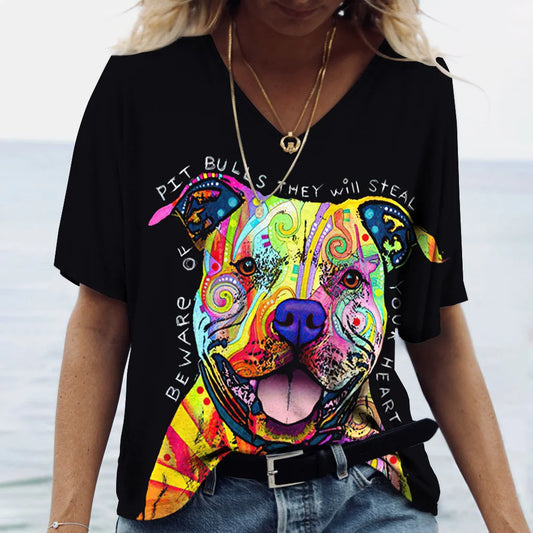 Summer 3D New Women's V-Neck Top Short Sleeved T-Shirt Cute Dog Print Casual Cute Versatile Shirt - Premium T-shirt from Lizard Vigilante - Just $22.99! Shop now at Lizard Vigilante