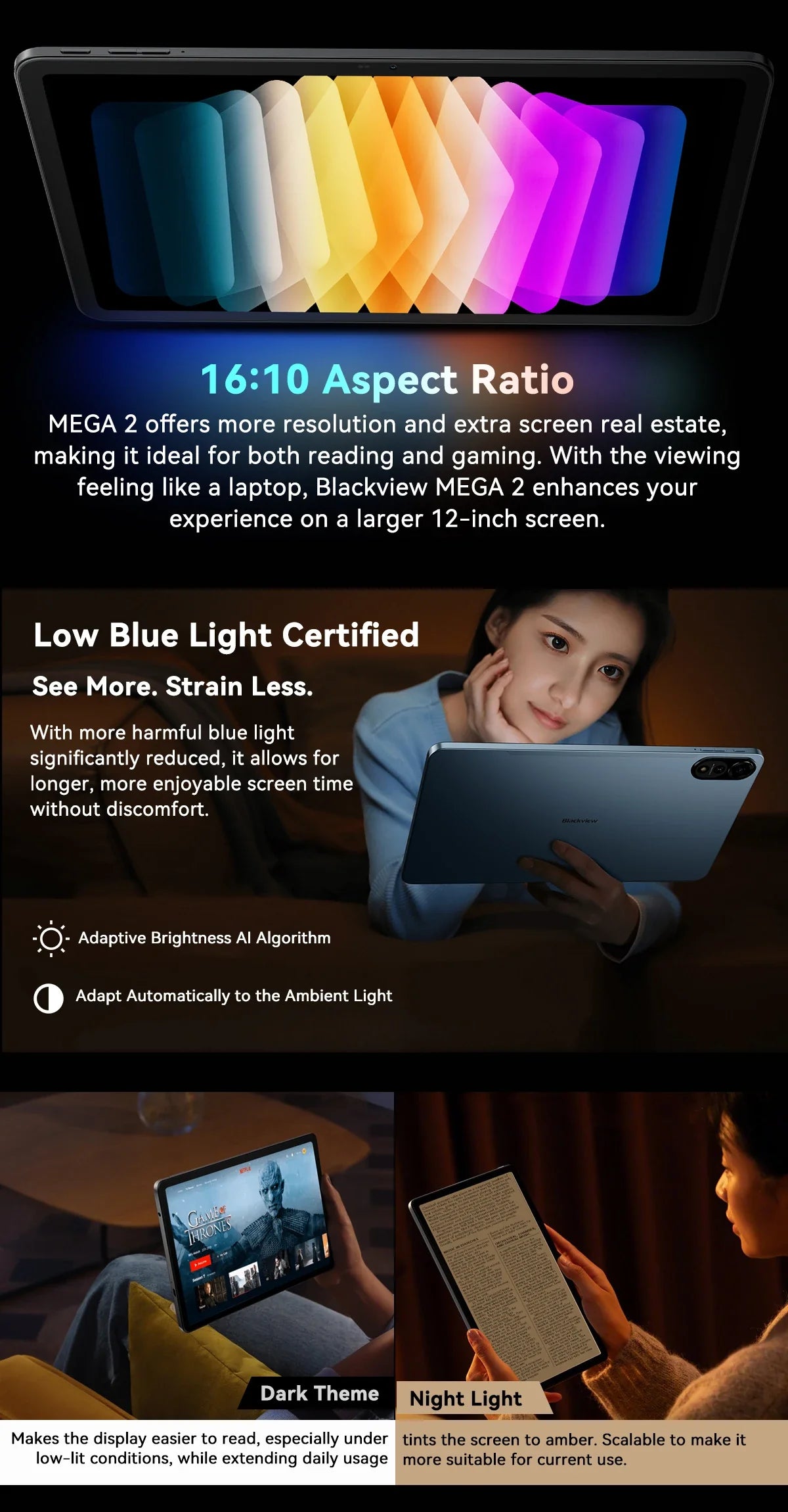 Blackview MEGA 2 Tablets 12 inch 2K Display Widevine L1 24GB(8+16) Android 15 256GB 9000mAh AI Main Camera Pad PC