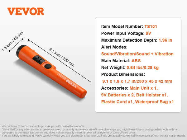 VEVOR Metal Detector Pinpointer - Waterproof Handheld Wand with 1.96"/4.5" Detection Depth & 3 Modes - Premium metal detector from Lizard Vigilante - Just $52.99! Shop now at Lizard Vigilante