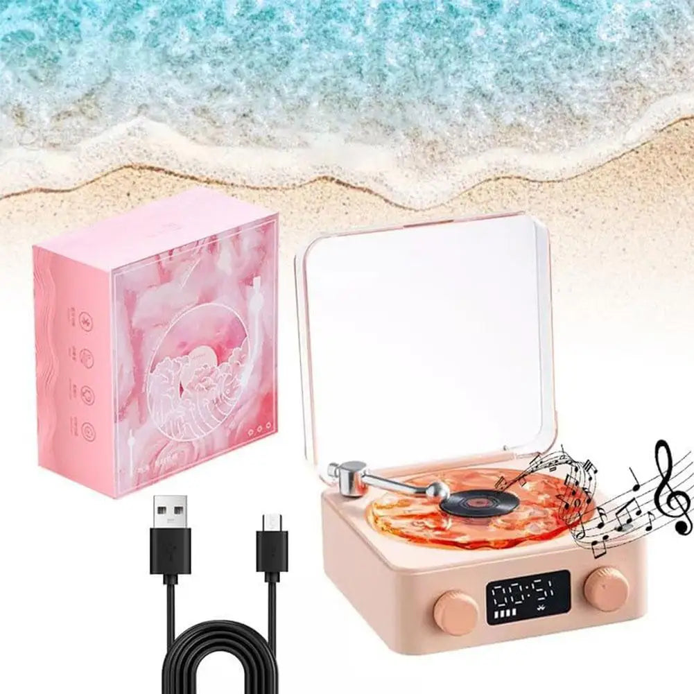 Turntable Bluetooth Speaker With LED Ocean Clock,Hi-Fi Mood Light Audio System For Home Decor & Birthday Gifts