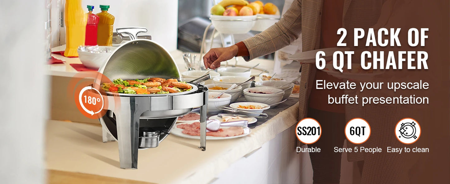SucceBuy “Inferno Feast Duo” 6QT Roll Top Buffet Chafing Dish Set — Double Stainless Steel Catering Server for Banquets
