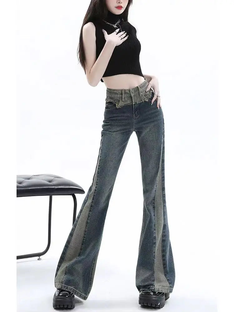 Low Waist Jeans Girls Women Autumn Vintage American High Street Spicy Y2k Design Sense Slim Fit Straight Tube Micro Flare Pants - Lizard Vigilante