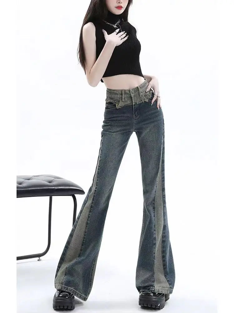 Low Waist Jeans Girls Women Autumn Vintage American High Street Spicy Y2k Design Sense Slim Fit Straight Tube Micro Flare Pants - Premium blue jeans from Lizard Vigilante - Just $52.99! Shop now at Lizard Vigilante