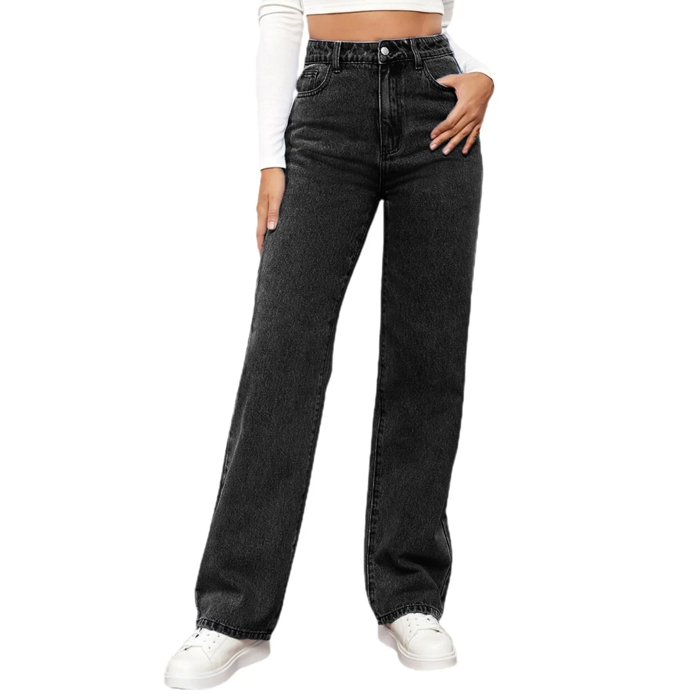 Women Fashion Straight Leg Jeans Loose Button Pocket Washed Denim Pants High Waist Stretchy Denim Trousers 2024 Female Clothes - Premium  from Lizard Vigilante - Just $30.99! Shop now at Lizard Vigilante