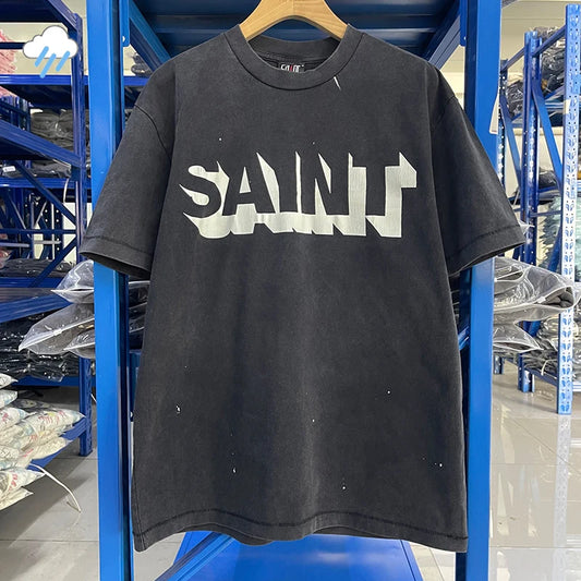 Men Women High Street Vintage Washed Black T-Shirt Top Quality Cototn TEE 3D Cracked Letters Logo Print Saint T Shirt With Tags - Premium  from Lizard Vigilante - Just $64.99! Shop now at Lizard Vigilante