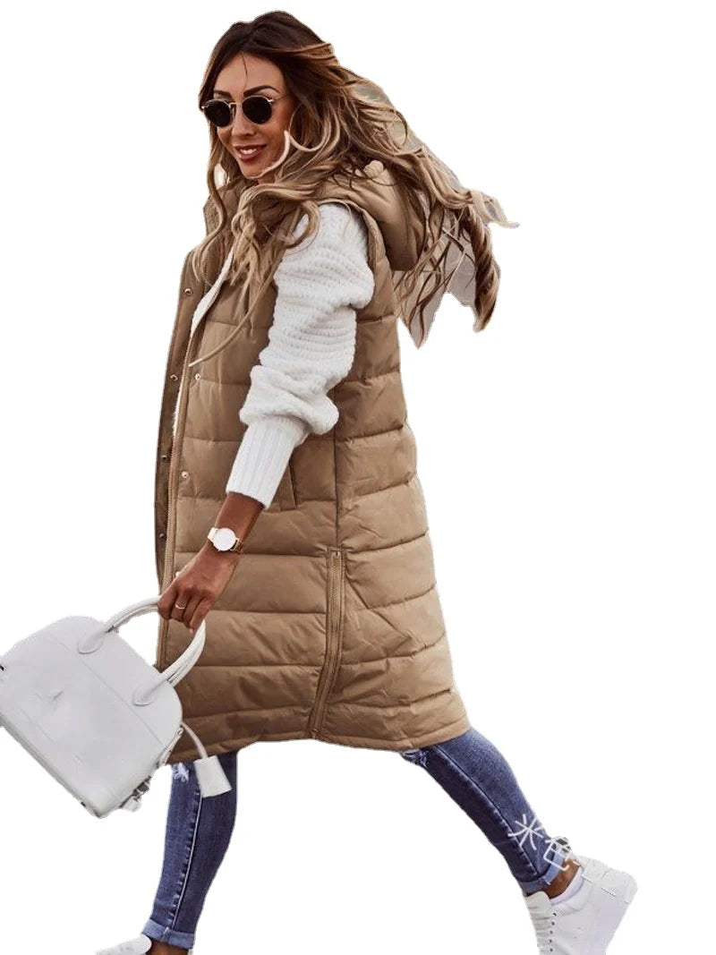 Women's Long Hooded Cotton Down Vest | Quilted Sleeveless Jacket | Warm Autumn/Winter Outwear (5XL) - Premium vest from Lizard Vigilante - Just $41.99! Shop now at Lizard Vigilante