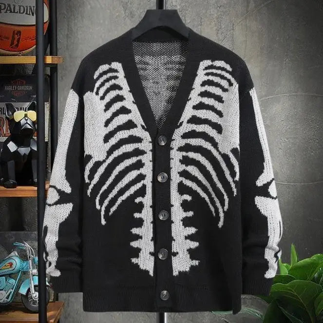 Men's Plus Size Knitted Jacquard Cardigan - Casual Winter Sweater with Skull Pattern - Premium cardigan sweater from Lizard Vigilante - Just $46.88! Shop now at Lizard Vigilante