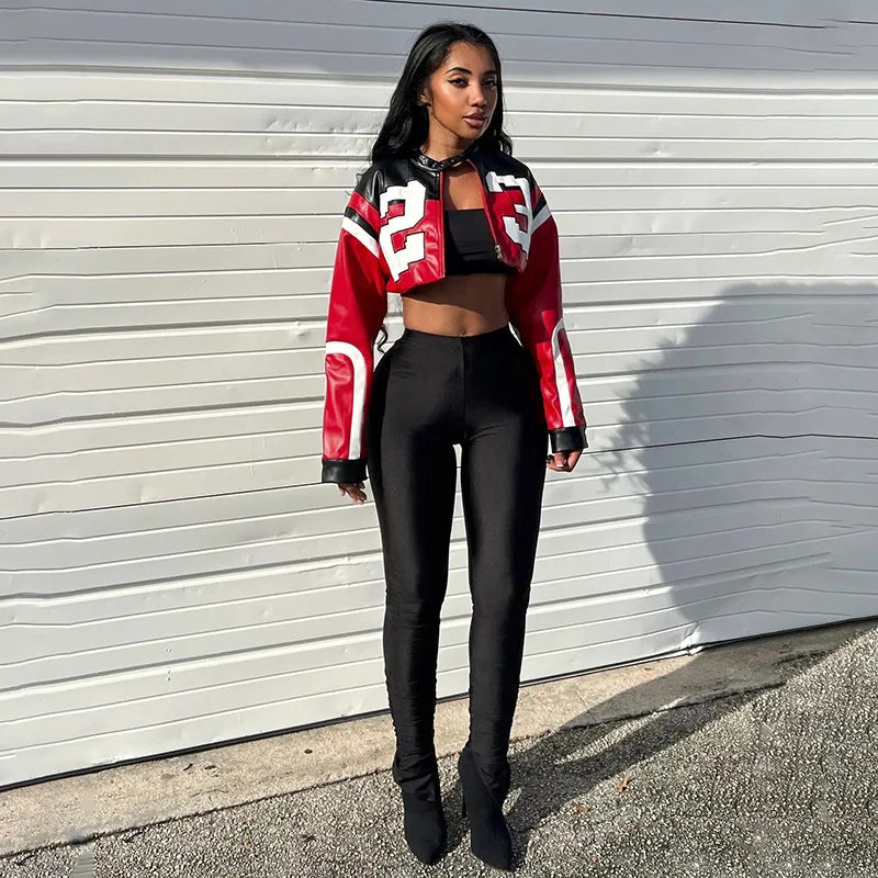 Crop Top Women's Leather Jacket Moto Biker Style Number Print Women's Jacket Fashion Outerwears Women's Moto Biker Zipper Jacket - Premium  from Lizard Vigilante - Just $58.99! Shop now at Lizard Vigilante
