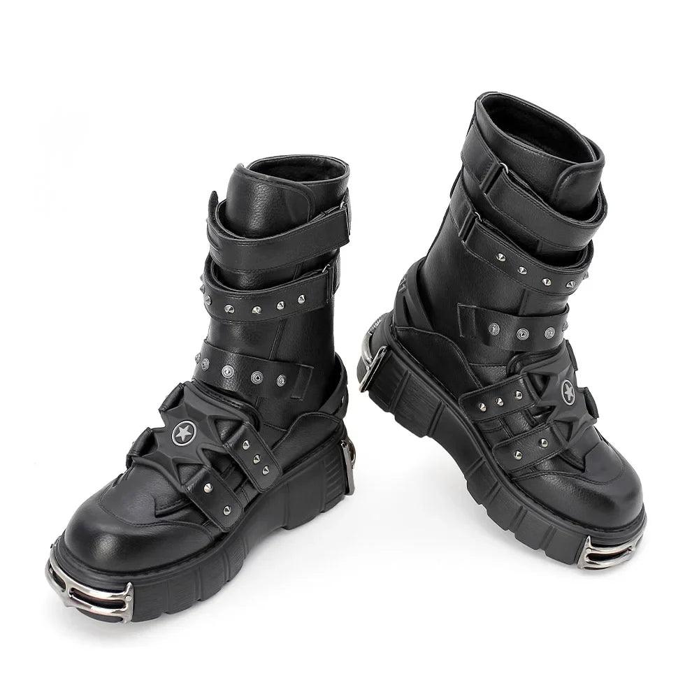 Punk Style Men and Women Boots High Heel Platform Shoes Height 6CM Woman Gothic Ankle Rock Boots Metal Decor Retro - Lizard Vigilante