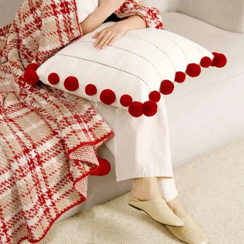 Half Flannel Plaid Blanket with Wool Balls Four Season Universal Red Soft Sofa Blanket Warm Napping Shawl for Home Travel
