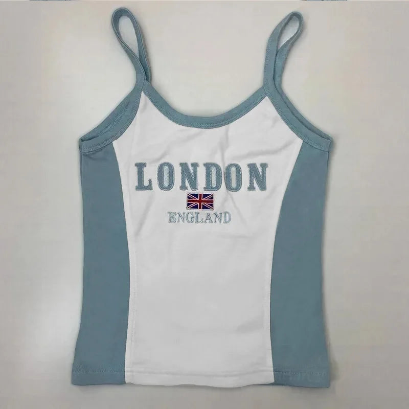 LONDON Embroidery Sleeveless Crop Top Blue White Sexy Basic Patchwork Summer Casual Camis Backless Y2k Vintage Tank Tops Women - Premium  from Lizard Vigilante - Just $30.99! Shop now at Lizard Vigilante