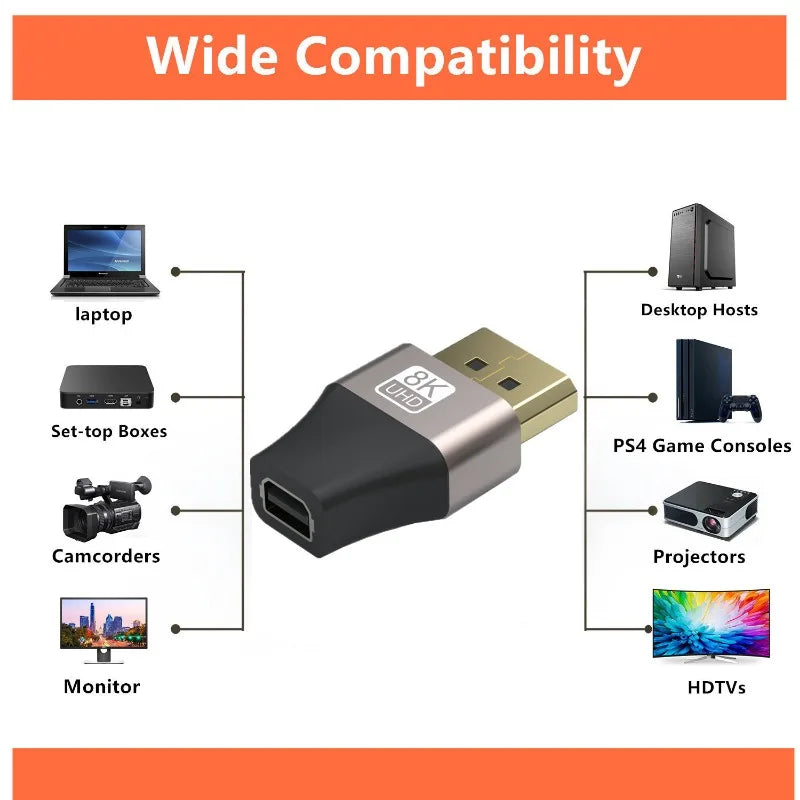 Mini DisplayPort to DisplayPort Adapter 8K60Hz DP2.1 Female to MiniDP Male Bi-Directional Connector for Laptop PC Gaming Monitor