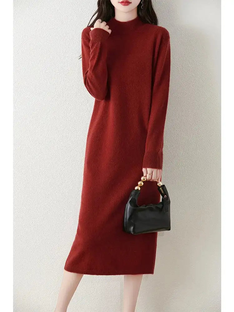 Autumn Winter Women's Wool Long Dress Cashmere Mock Neck Pullover Sweater 100% Merino Wool Soft Knitwear OL Simple Basic Dress