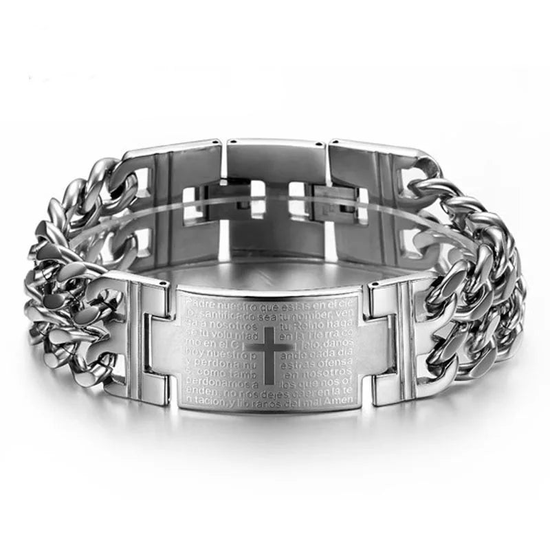 Cross Bracelet For Men Jewelry HNSP 24MM Width 316L Stainless Steel Cuban Chain Male Hand Wrist Chain Wrap Bracelets Punk Accessory - Premium bracelets from Lizard Vigilante - Just $26.66! Shop now at Lizard Vigilante