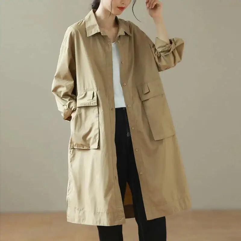 9290 Spring Fall Trench Coat Women Mid Length Windbreaker Single-breasted Double Pockets Casual Loose Overcoat Female Outerwear