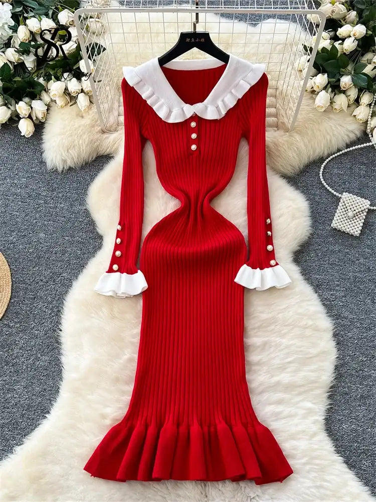 SINGREINY 2024 Hotsweet Slim Autumn Dress Women Peter pan Collar Long Sleeves Patchwork Preppy Style Mermaid Sweater Long Dress