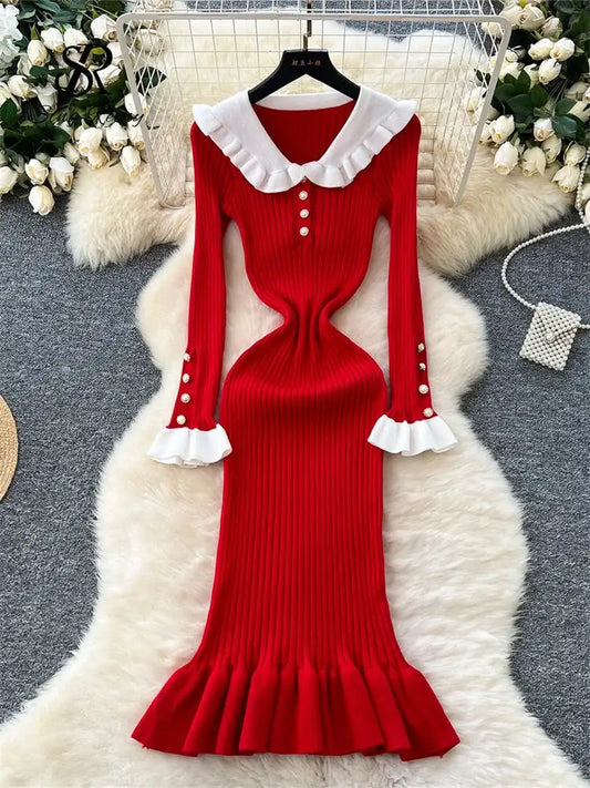 SINGREINY 2024 Hotsweet Slim Autumn Dress Women Peter pan Collar Long Sleeves Patchwork Preppy Style Mermaid Sweater Long Dress