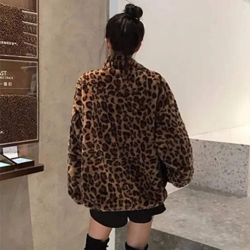 Autumn Fuzzy Leopard Print Jacket for Women – Warm Stand Collar Parka - Premium coat from Lizard Vigilante - Just $68.88! Shop now at Lizard Vigilante