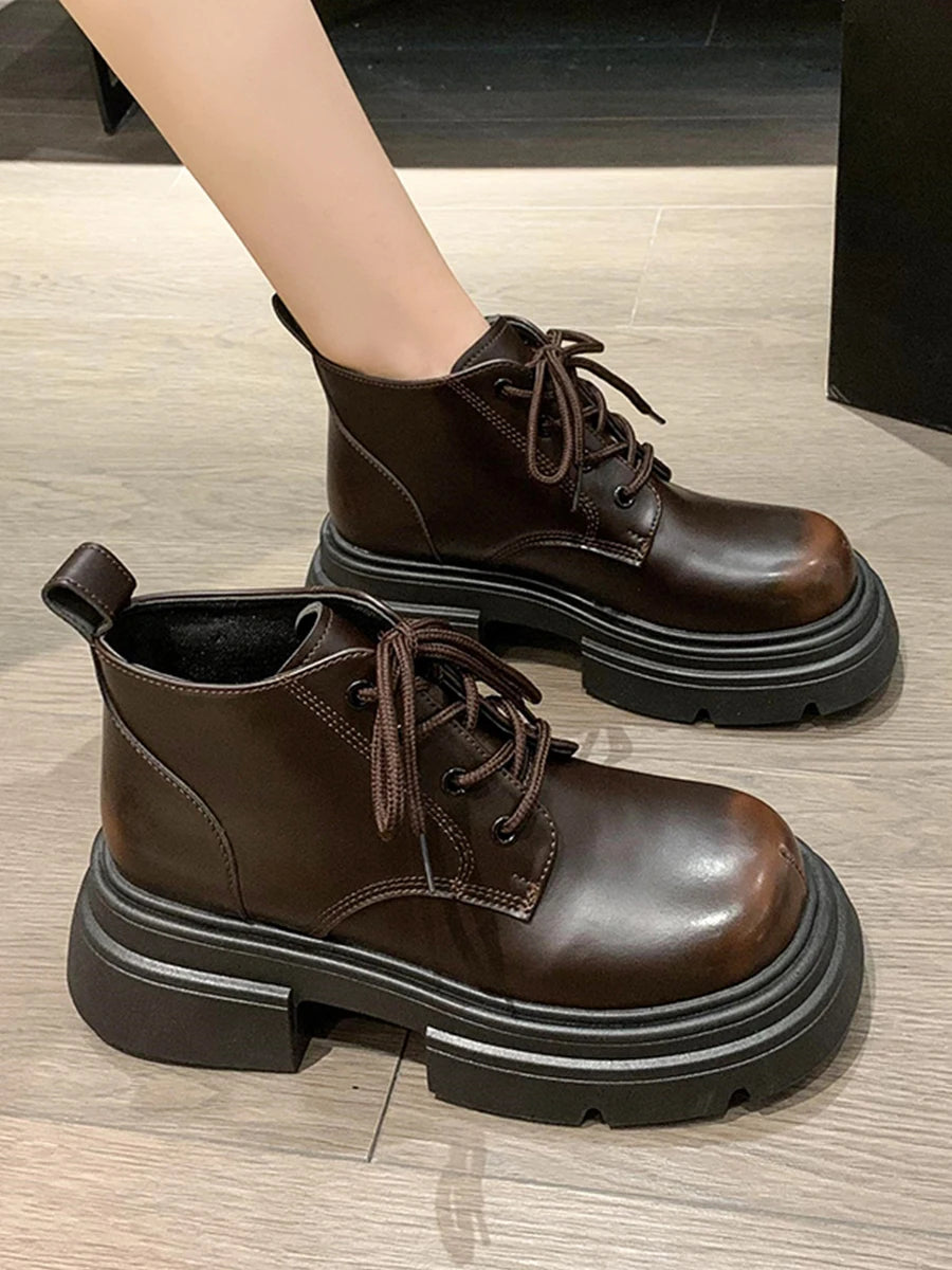 Women’s Lace-Up Ankle Boots – Med Hoof Heel Lolita Rock Round Toe PU Leather Winter Footwear | Solid Rubber Sole, Handmade Classic Street Style - Premium boot from dsers - Just $96.66! Shop now at Lizard Vigilante