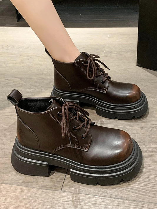 Women’s Lace-Up Ankle Boots – Med Hoof Heel Lolita Rock Round Toe PU Leather Winter Footwear | Solid Rubber Sole, Handmade Classic Street Style - Premium boot from dsers - Just $96.66! Shop now at Lizard Vigilante