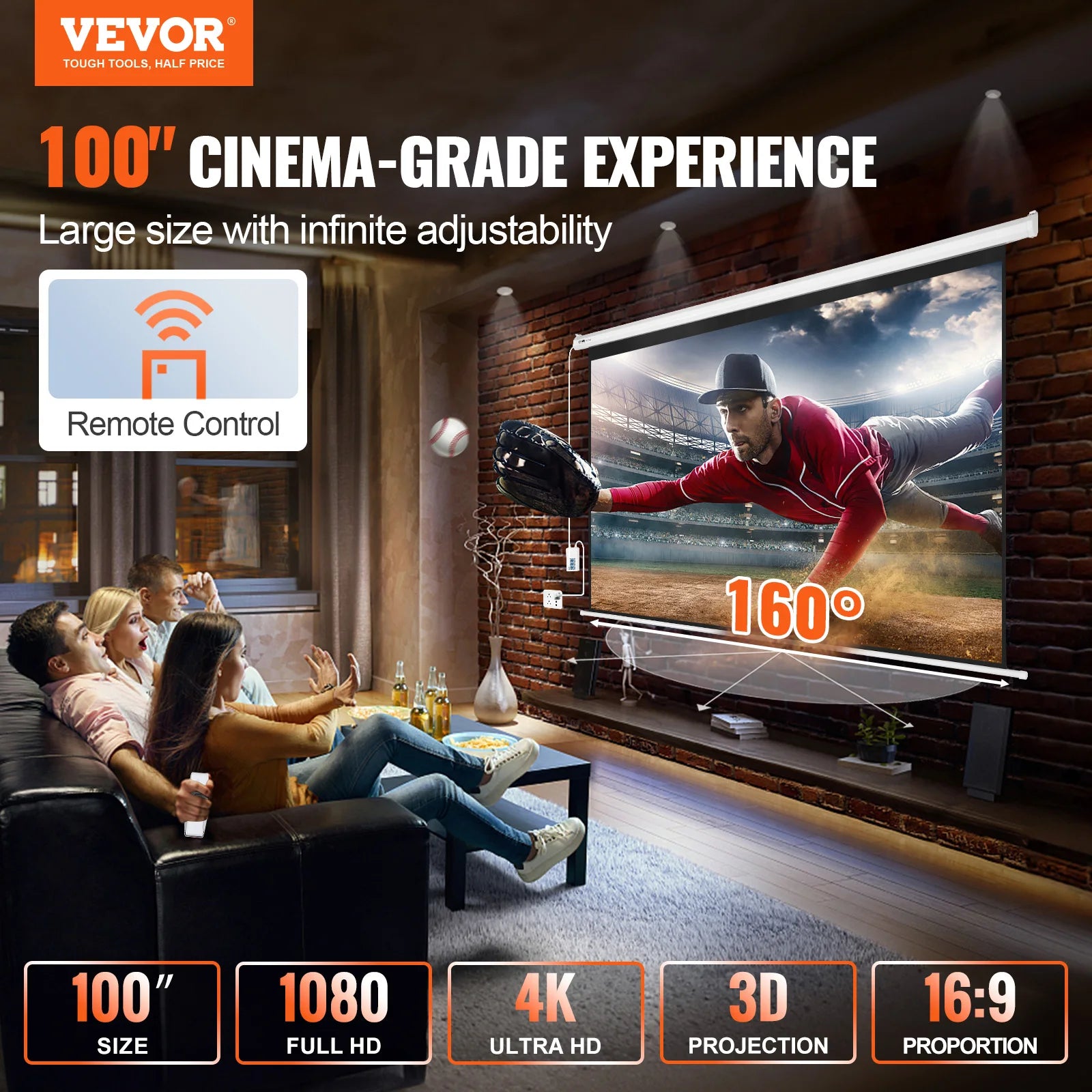 VEVOR Electric Motorized Projector Screen 100/120 inch 16:9 4K 1080 HD Wall Mount Movie Screen for Family Home Office Theater - Premium  from Lizard Vigilante - Just $339.99! Shop now at Lizard Vigilante