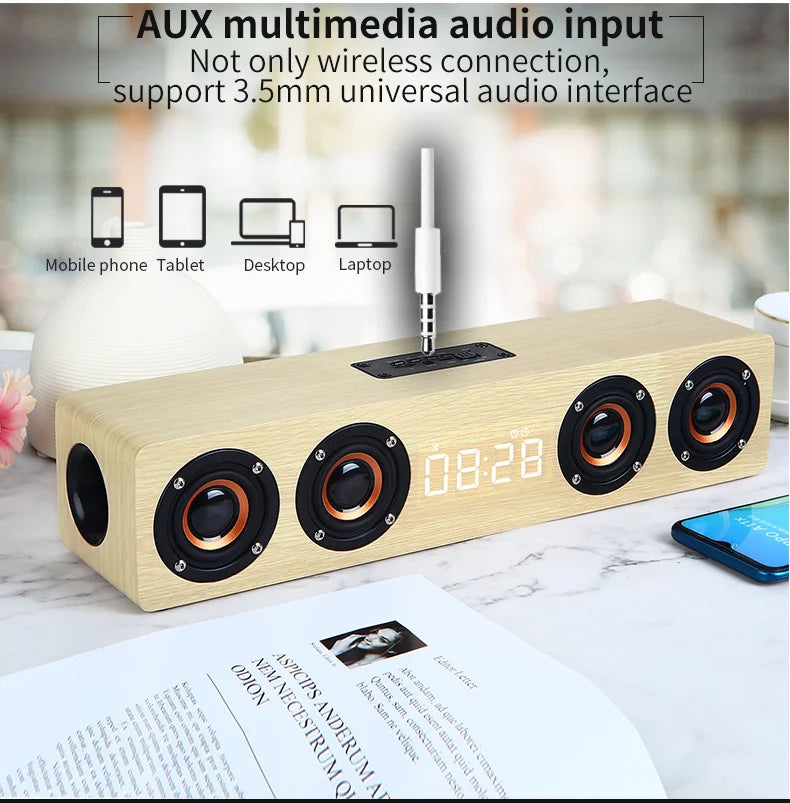 Wooden Bluetooth Speaker Portable Wireless Subwoofer Clock Soundbox Home Computer Echo Wall Soundbar HiFi Stereo TF AUX U Disk