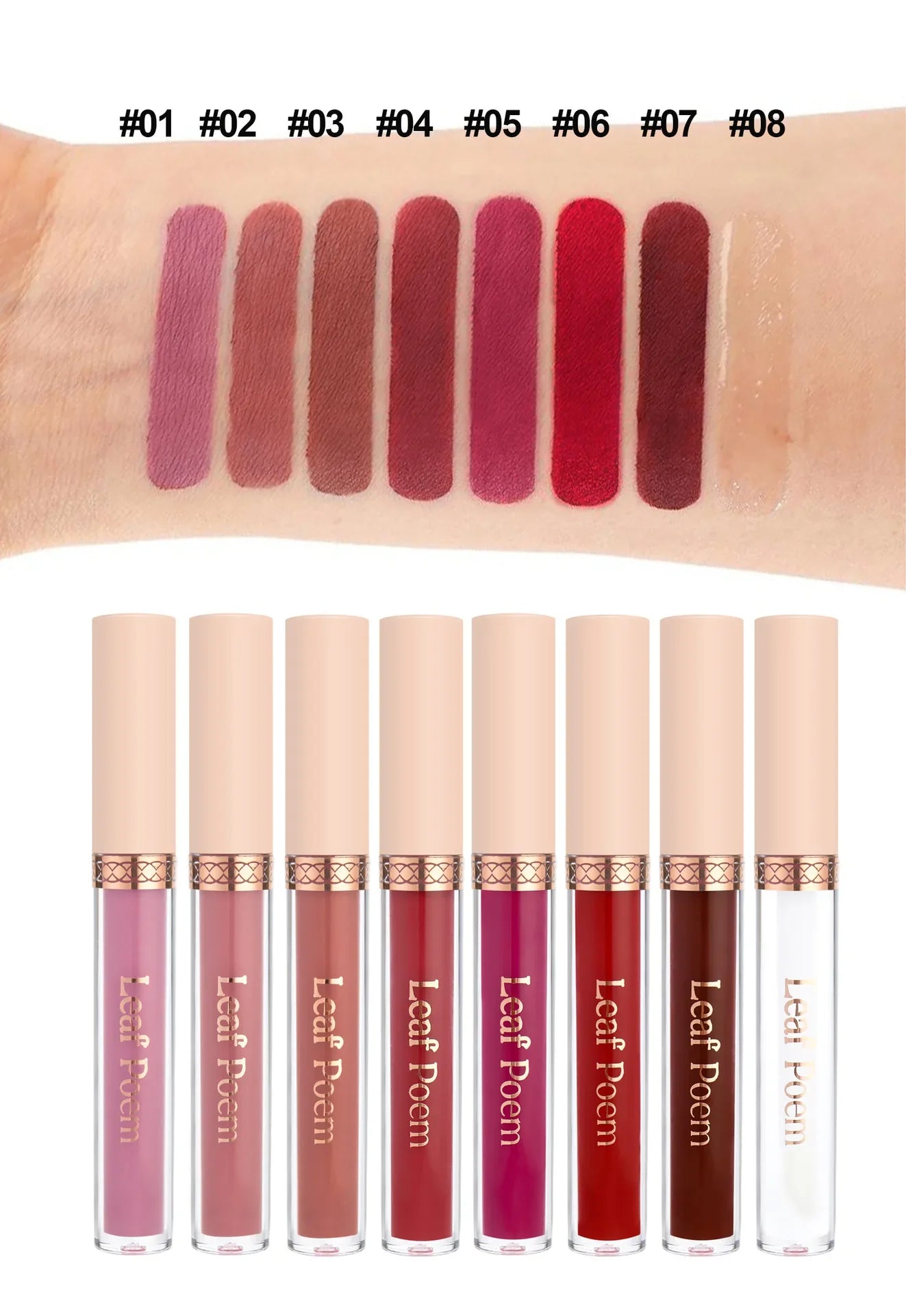 8 pcs matte liquid lipstick, lip glaze - waterproof, non-stick, long-lasting lip gloss, brown, pink, purple and red tones, suitable for Valentine's Day, daily, parties, travel
