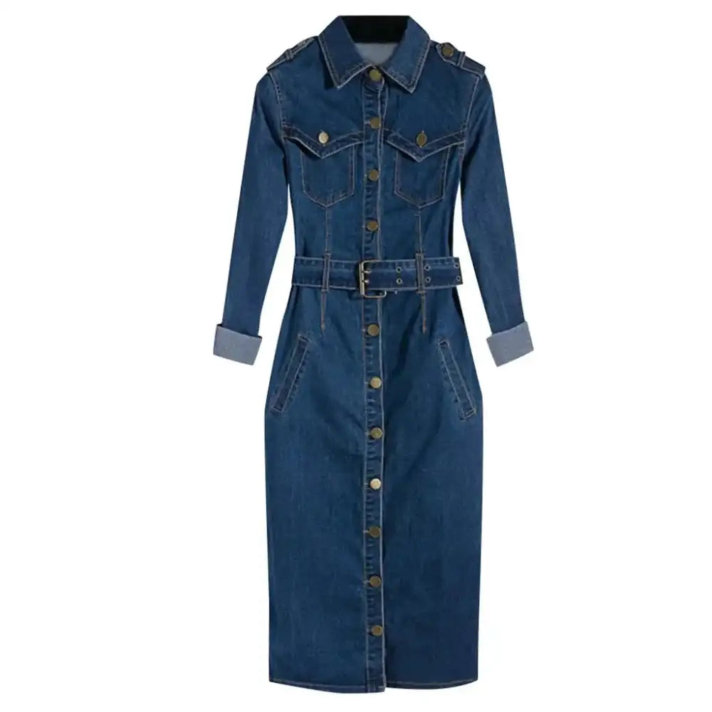 Vintage Button Up Jeans Dress Women Blue Lapel Denim Vestidos Winter Office Slim Long Sleeve Mid-Cuff Denim with Belt Long Dress