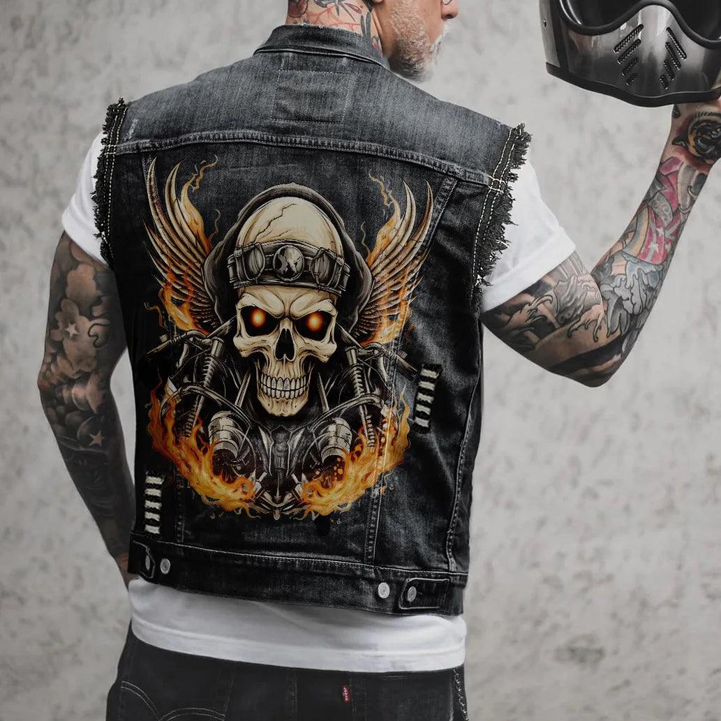 Street Motorcycle Show Winged Eagle Printing Casual Heavy Craftsmanship Worn Out Washed Men's Denim - Lizard Vigilante