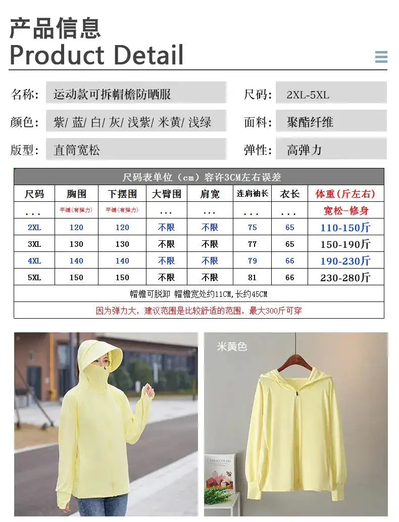 Ice Silk Sun UPF 50+ UV Protection Jacket Big Brim Thin Ice Silk Sun Protection Jackets UV Protection Hooded Windbreaker 4XL 5XL