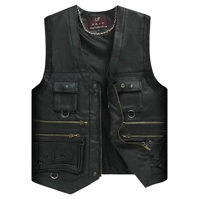 Cowhide Genuine Leather Vest Mens Slim Fit Real Leather Waistcoat Male Multi Pocket Zipper Vest D372 - Lizard Vigilante