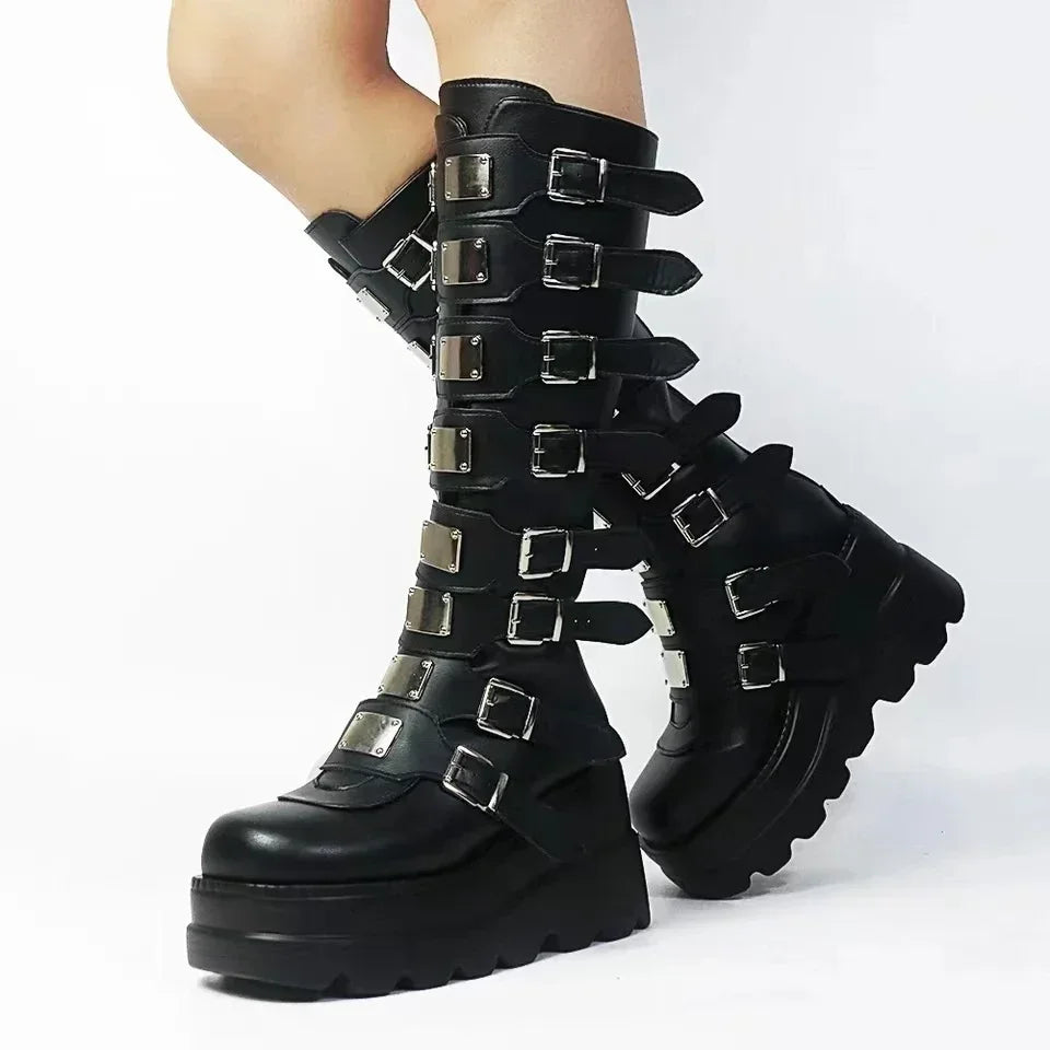 Gothic Knee High Platform Boots for Women – Punk Black Motorcycle Cosplay Boots - Premium platform boots from Lizard Vigilante - Just $46.88! Shop now at Lizard Vigilante