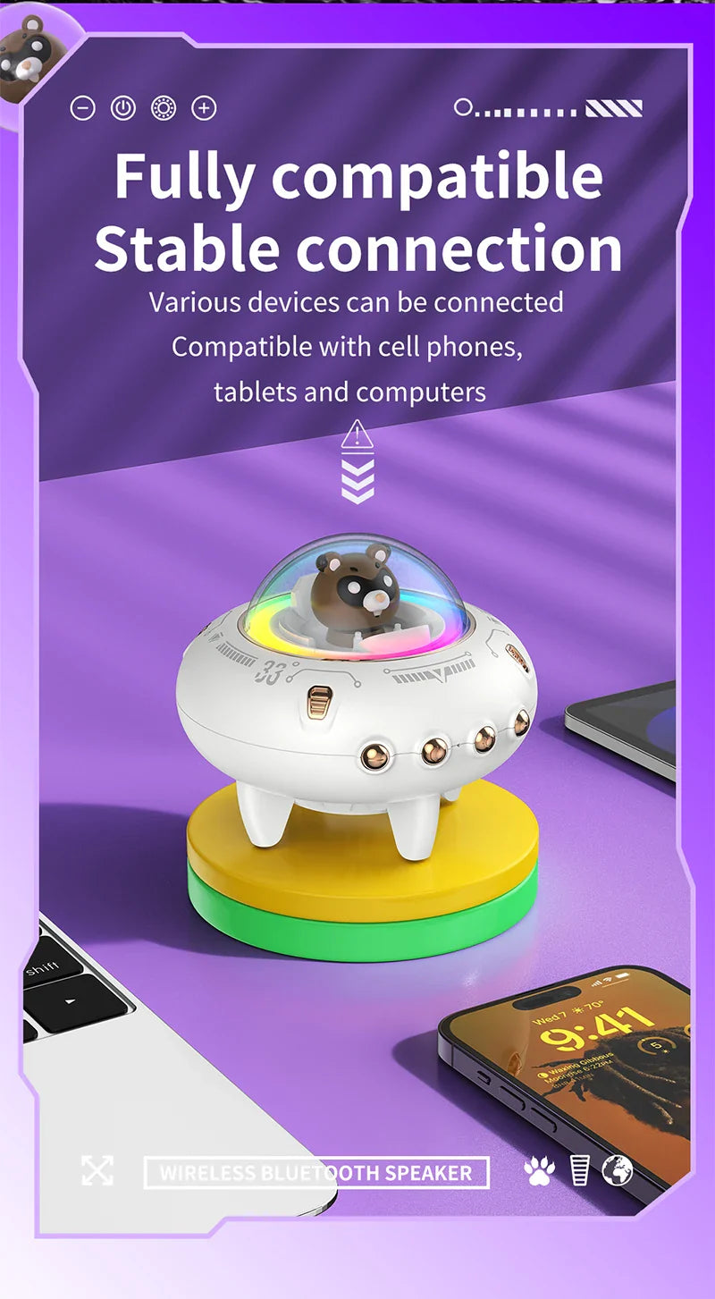 New Mini Computer Speaker Portable Bluetooth Speaker RGB LED Light UFO Spaceship Audio Wireless Speaker Best Gift Support TF