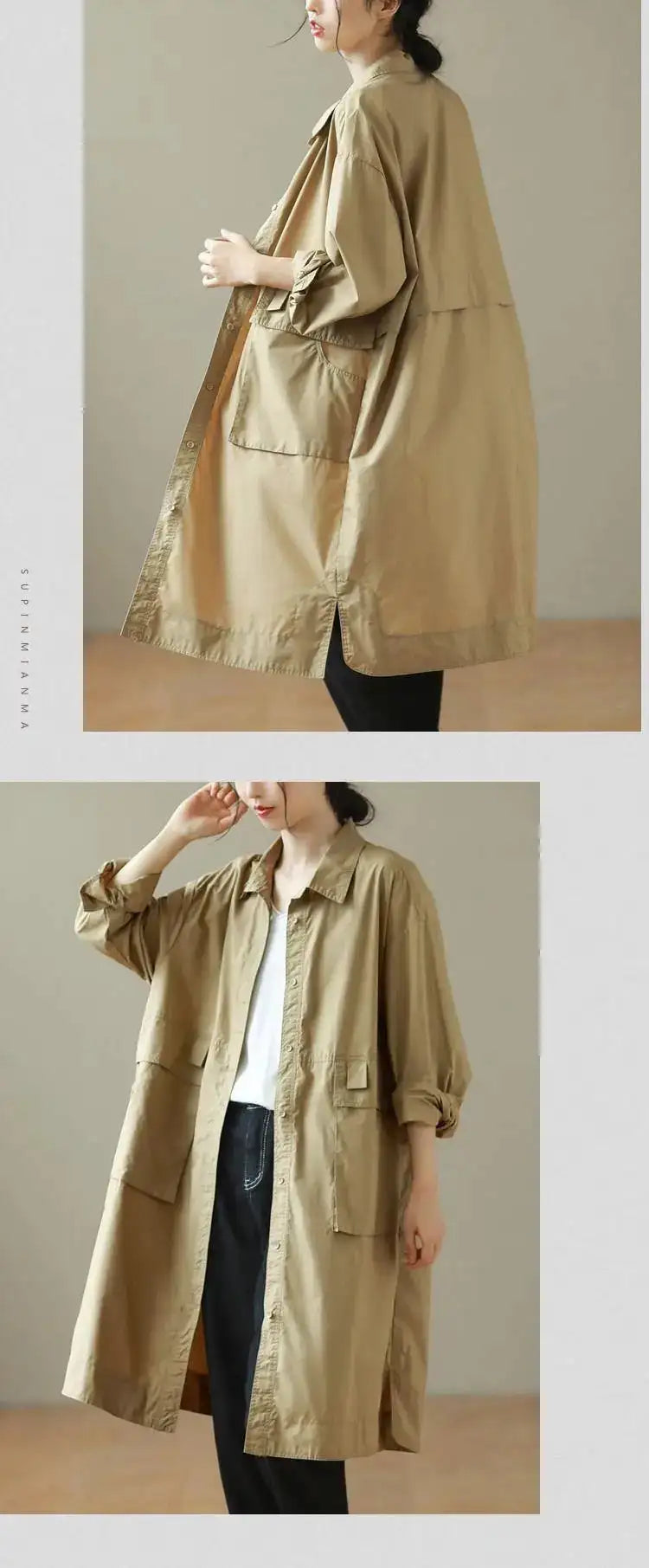 9290 Spring Fall Trench Coat Women Mid Length Windbreaker Single-breasted Double Pockets Casual Loose Overcoat Female Outerwear