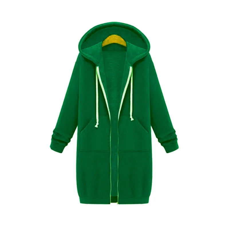 Women’s Long Hooded Sweatshirt Thick Loose Solid Color Pocket Coat Autumn Winter Fashion Hoodie