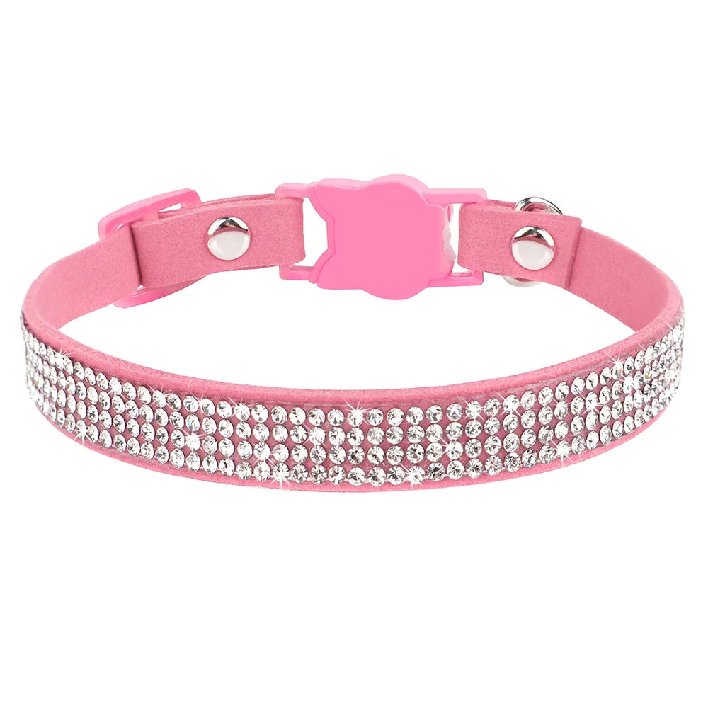 Soft Suede Leather Cat Collar Bling Rhinestone Cats Collars with Bell Safety Breakaway Pet Puppy Necklace Adjustable XS S Pink