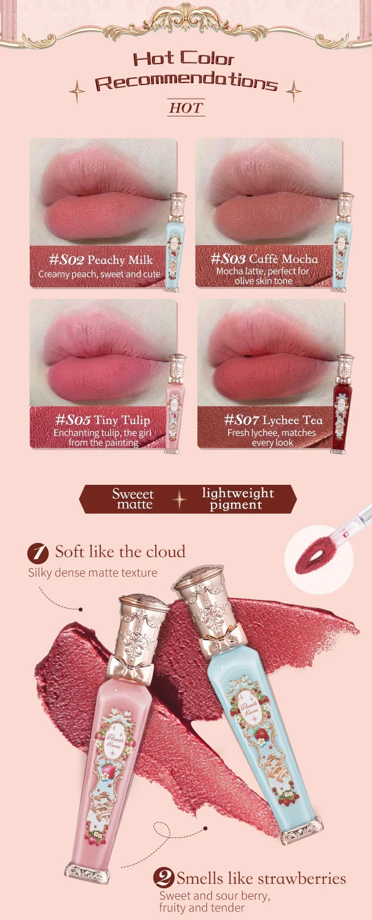Flower Knows Strawberry Rococo Series Cloud Lip Cream Lip Gloss Long Lasting Velvet Lip Tint Lipstick for Women Cosmetic