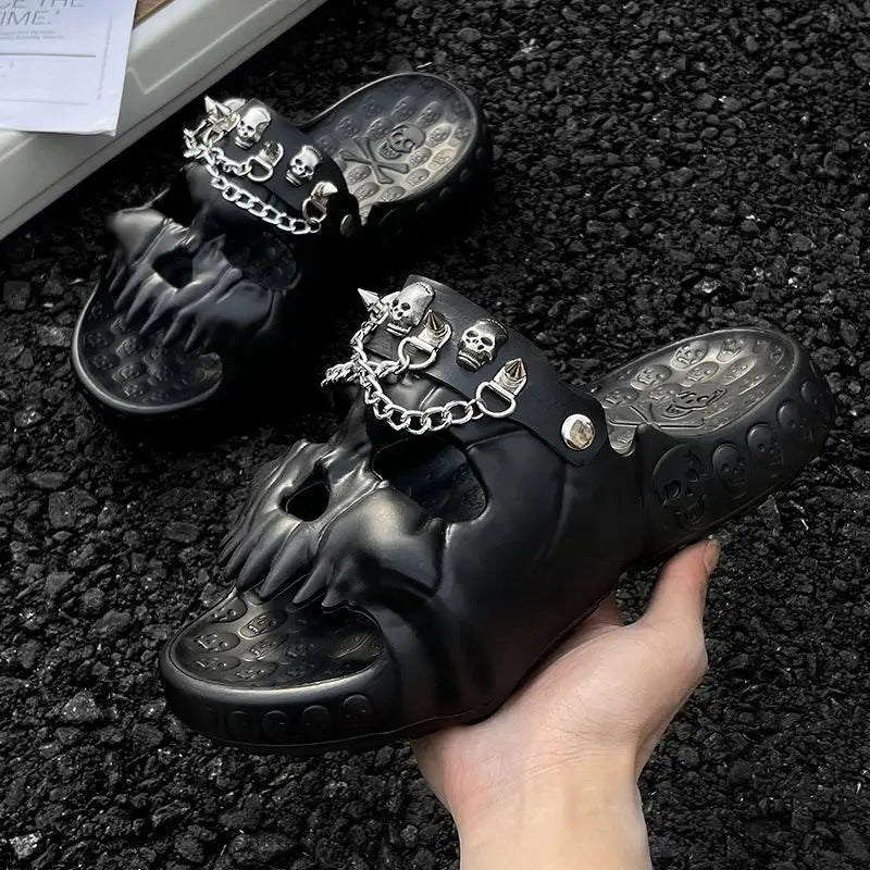 Studded Chain Decoration Skull Design Sandals Shoes Summer Outdoor Novelty Slides Thick Sole Male Sandals - Premium slippers from Lizard Vigilante - Just $39.99! Shop now at Lizard Vigilante