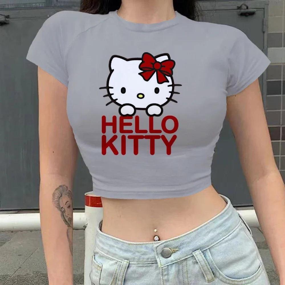 Kawaii Print Hello Kitty Y2K Crop Top | Slim Fit Women's Summer Party T-Shirt - Premium T-Shirts from Lizard Vigilante - Just $23.99! Shop now at Lizard Vigilante